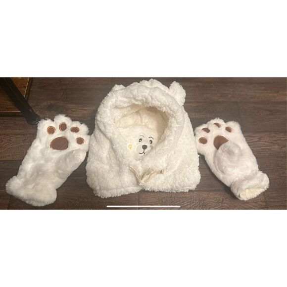 🔥Fluffy hooded,Hat and Glove set.Can be worn several ways, gloves have attachab - Picture 2 of 15